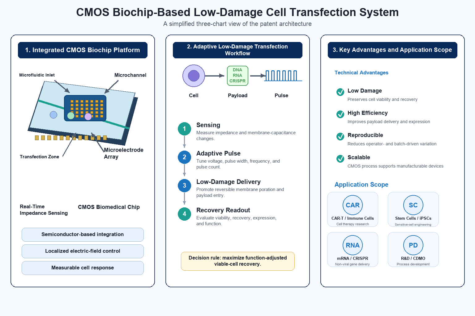 Three-chart summary of a CMOS biochip-based low-damage cell transfection system